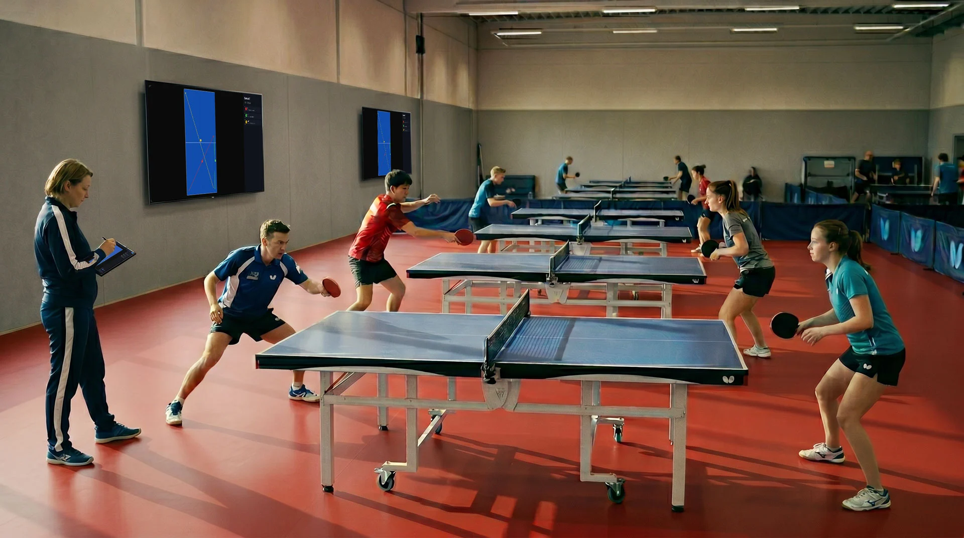 Training session in the hall — players at several tables, coach with a tablet at the side
