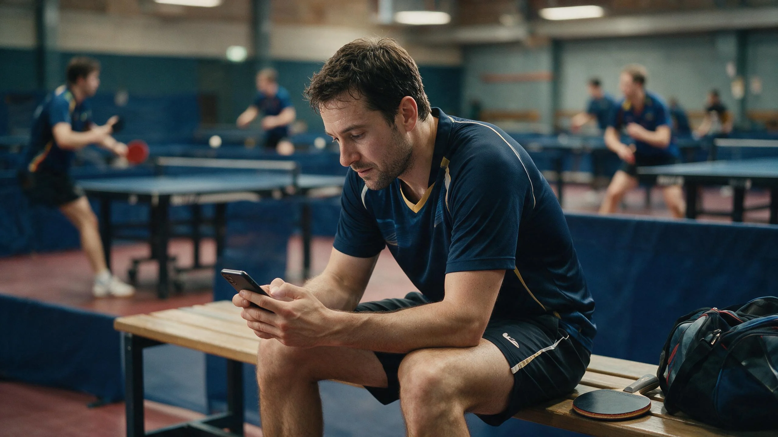 Joueur de tennis de table assis sur un banc dans la salle après l'entraînement, le regard sur son téléphone