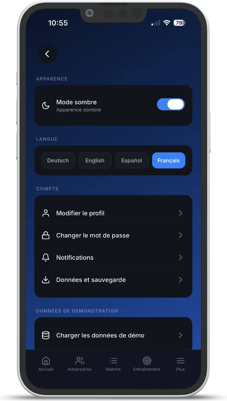 TT Playbook Player — réglages avec le choix de langue Deutsch, English, Español, Français