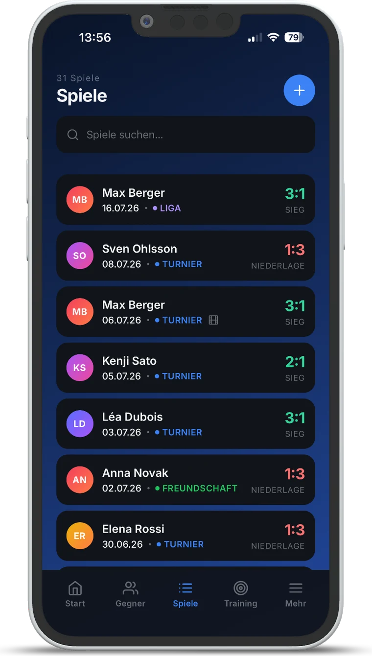 TT Playbook Player — match list with every recorded game, result and context