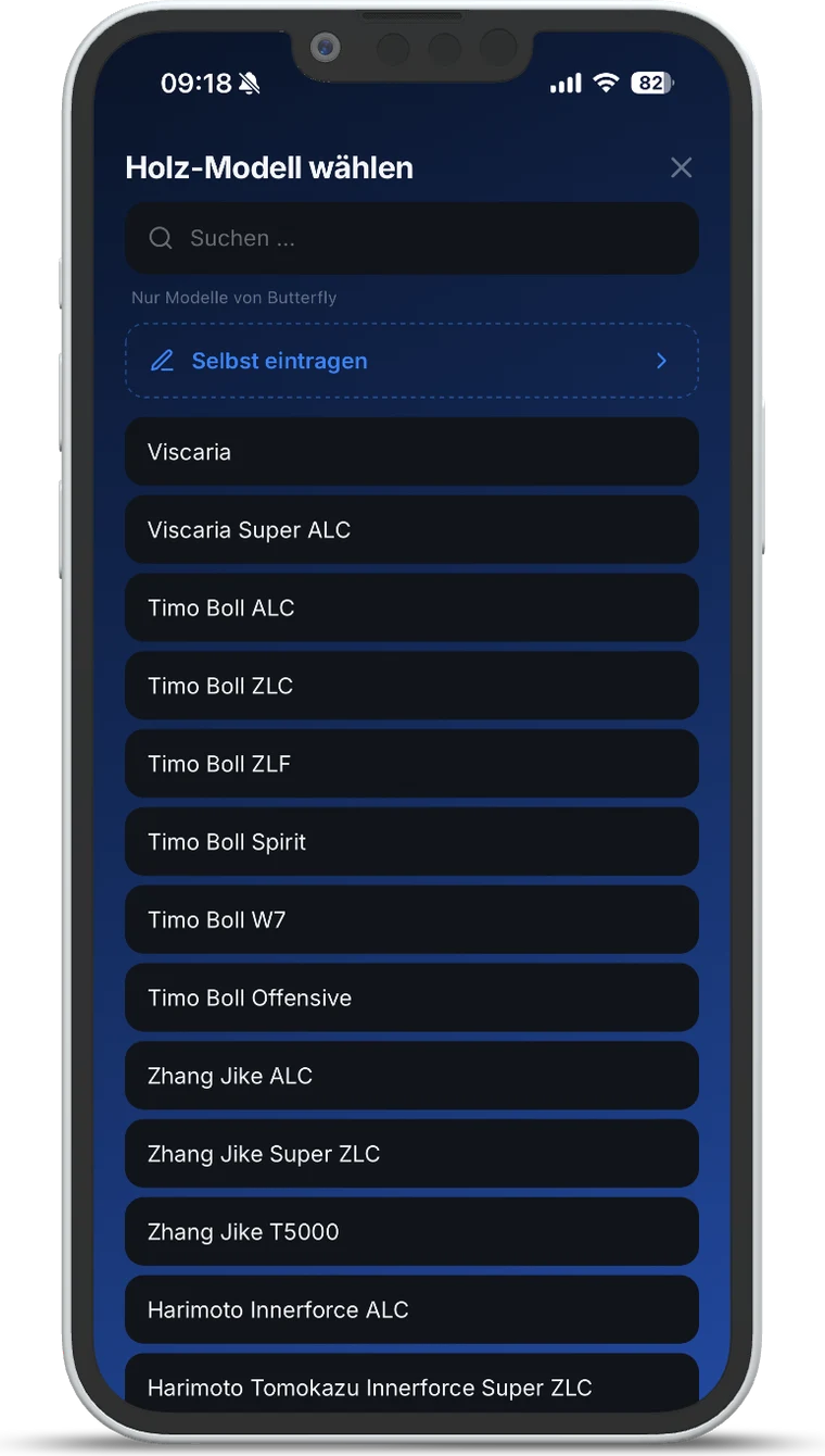 Auswahl des Holz-Modells in TT Playbook Player, gefiltert auf Butterfly