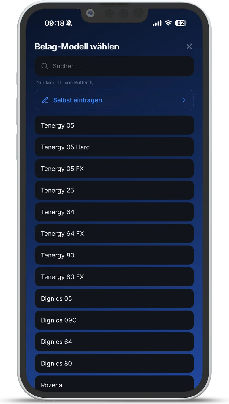 Auswahl des Belag-Modells in TT Playbook Player mit der Tenergy- und Dignics-Reihe