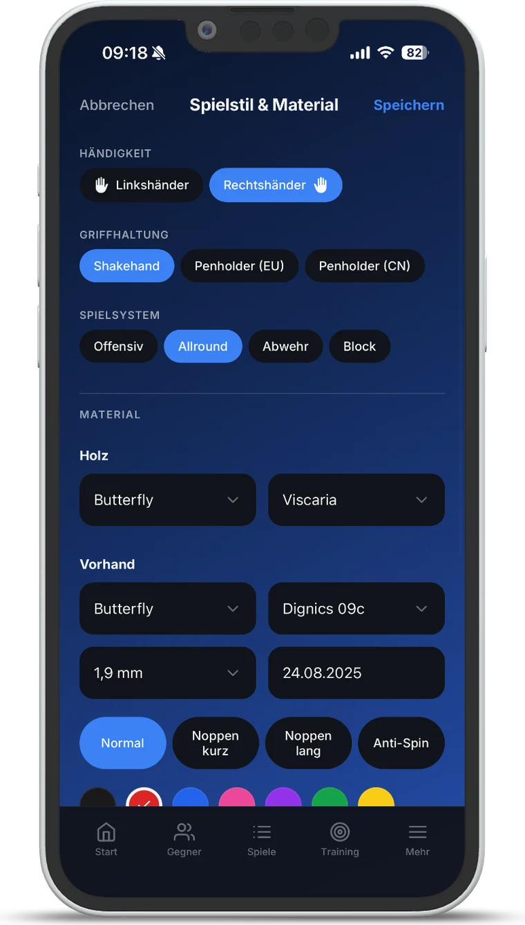 TT Playbook Player — style de jeu et matériel avec bois, revêtements et épaisseur de mousse