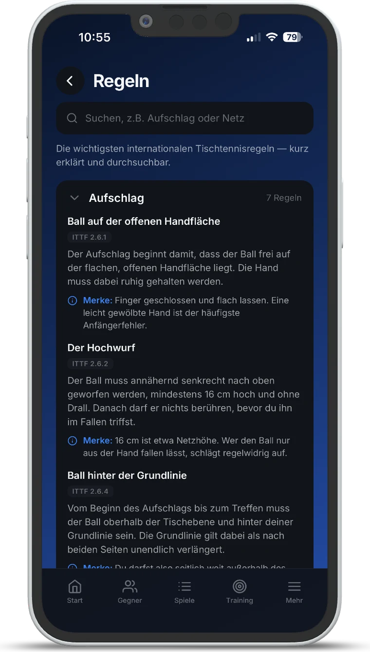 Le règlement dans TT Playbook Player avec les règles de service et des remarques de terrain