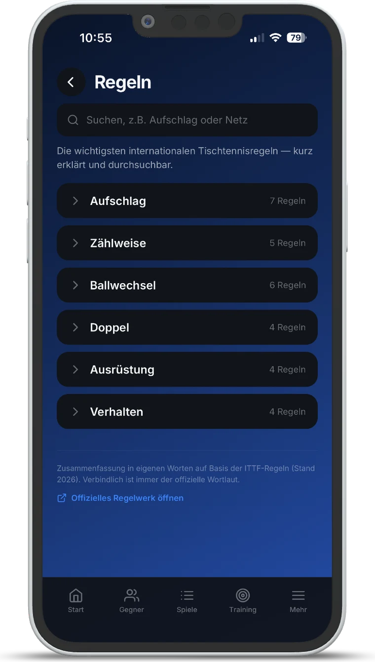 TT Playbook Player — les règles en six catégories, cherchables par mot-clé