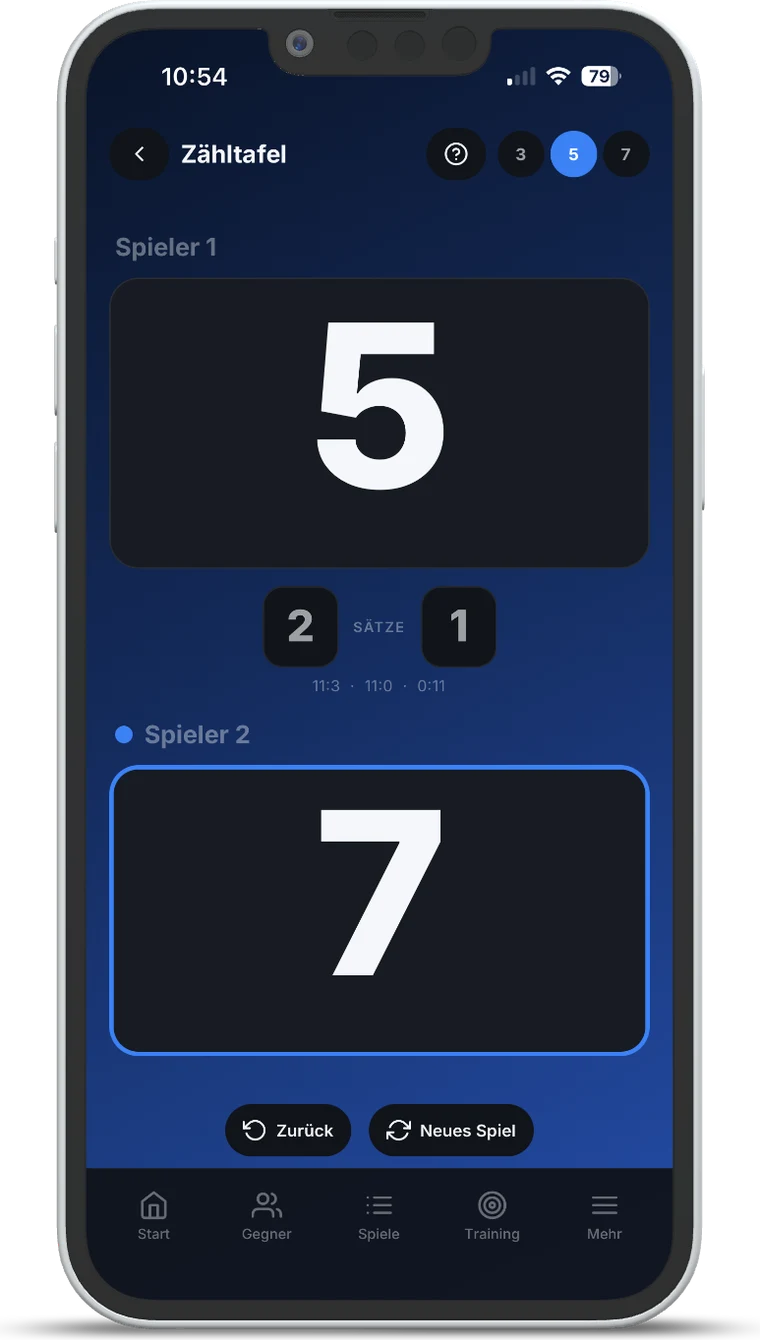 TT Playbook Player — marqueur avec grands chiffres, score des manches et indicateur de service