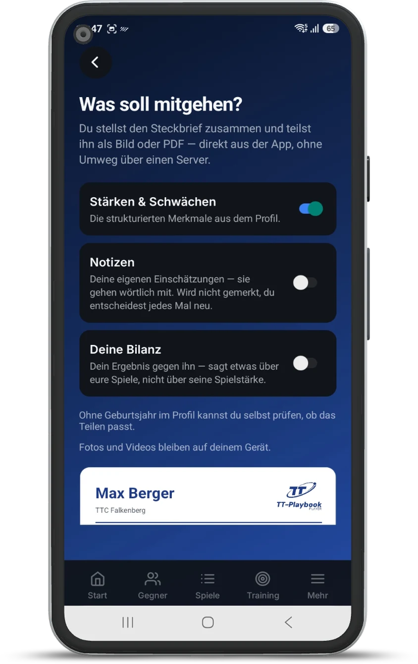 Auswahlseite Was soll mitgehen mit drei Schaltern für Stärken und Schwächen, Notizen und Bilanz sowie Live-Vorschau